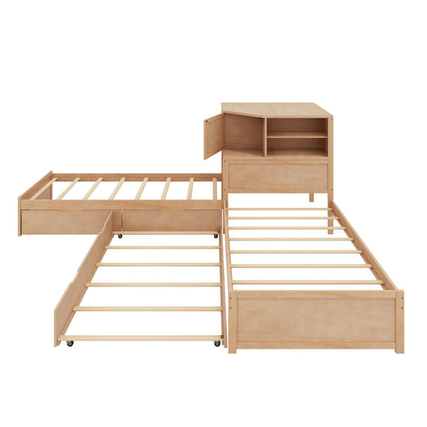 English Elm L-shaped Twin Platform Bed with Trundle Built-in Desk Storage Drawers and Led Lights Natural BS701P402533N