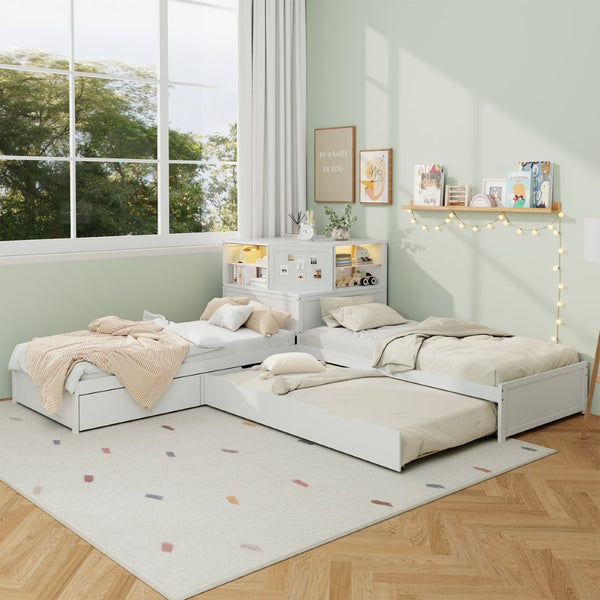 English Elm L-shaped Twin Platform Bed with Trundle Built-in Desk Storage Drawers and Led Lights White BS701P402533W