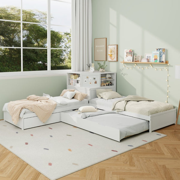 English Elm L-shaped Twin Platform Bed with Trundle Built-in Desk Storage Drawers and Led Lights White BS701P402533W