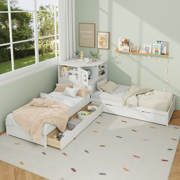 English Elm L-shaped Twin Platform Bed with Trundle Built-in Desk Storage Drawers and Led Lights White BS701P402533W