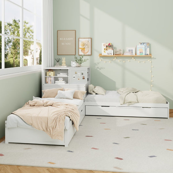English Elm L-shaped Twin Platform Bed with Trundle Built-in Desk Storage Drawers and Led Lights White BS701P402533W