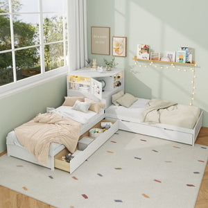 English Elm L-shaped Twin Platform Bed with Trundle Built-in Desk Storage Drawers and Led Lights White BS701P402533W