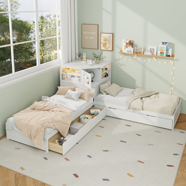 English Elm L-shaped Twin Platform Bed with Trundle Built-in Desk Storage Drawers and Led Lights White BS701P402533W