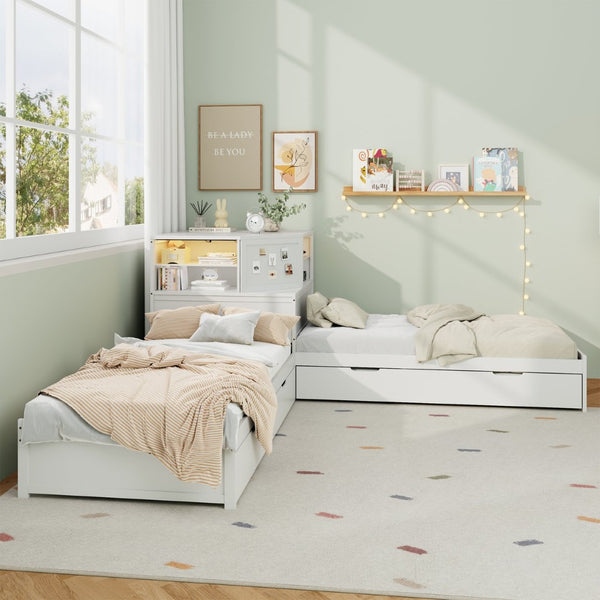 English Elm L-shaped Twin Platform Bed with Trundle Built-in Desk Storage Drawers and Led Lights White BS701P402533W