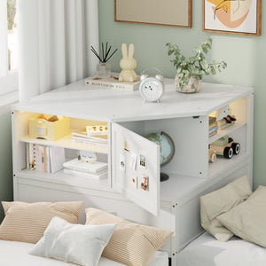 English Elm L-shaped Twin Platform Bed with Trundle Built-in Desk Storage Drawers and Led Lights White BS701P402533W