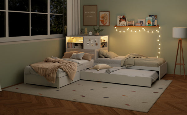 English Elm L-shaped Twin Platform Bed with Trundle Built-in Desk Storage Drawers and Led Lights White BS701P402533W