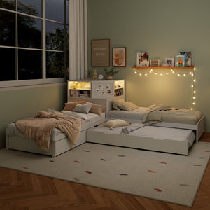 English Elm L-shaped Twin Platform Bed with Trundle Built-in Desk Storage Drawers and Led Lights White BS701P402533W