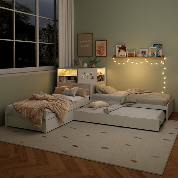 English Elm L-shaped Twin Platform Bed with Trundle Built-in Desk Storage Drawers and Led Lights White BS701P402533W