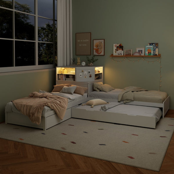 English Elm L-shaped Twin Platform Bed with Trundle Built-in Desk Storage Drawers and Led Lights White BS701P402533W