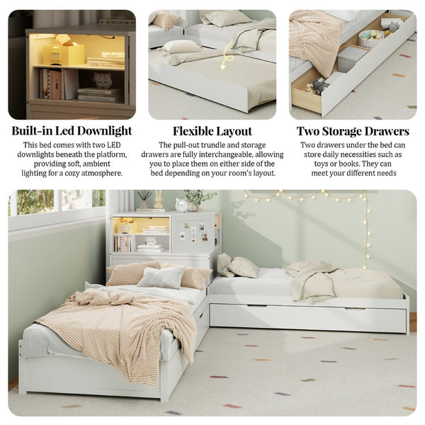 English Elm L-shaped Twin Platform Bed with Trundle Built-in Desk Storage Drawers and Led Lights White BS701P402533W