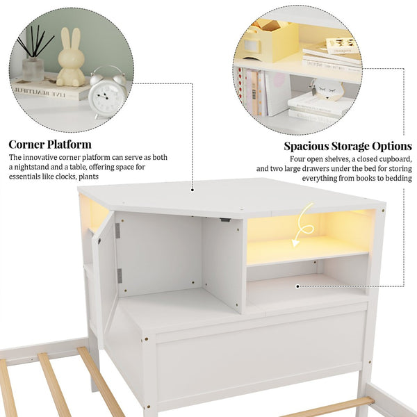 English Elm L-shaped Twin Platform Bed with Trundle Built-in Desk Storage Drawers and Led Lights White BS701P402533W
