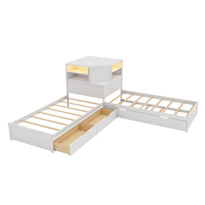English Elm L-shaped Twin Platform Bed with Trundle Built-in Desk Storage Drawers and Led Lights White BS701P402533W