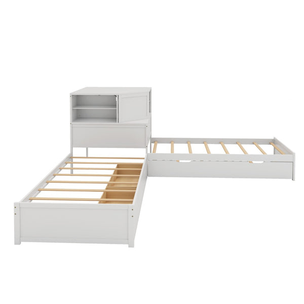 English Elm L-shaped Twin Platform Bed with Trundle Built-in Desk Storage Drawers and Led Lights White BS701P402533W