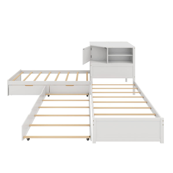 English Elm L-shaped Twin Platform Bed with Trundle Built-in Desk Storage Drawers and Led Lights White BS701P402533W