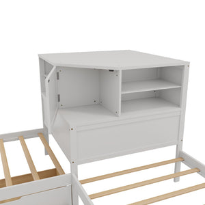 English Elm L-shaped Twin Platform Bed with Trundle Built-in Desk Storage Drawers and Led Lights White BS701P402533W