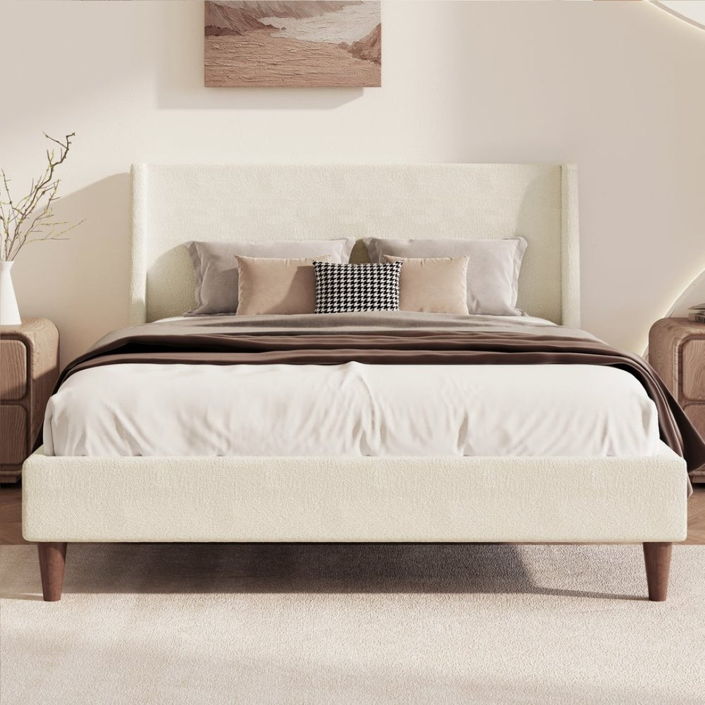English Elm Modern Ivory Boucle Wingback Queen Bed with Walnut Legs for a Sculptural Bedroom BS701P409389B