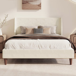 English Elm Modern Ivory Boucle Wingback Queen Bed with Walnut Legs for a Sculptural Bedroom BS701P409389B