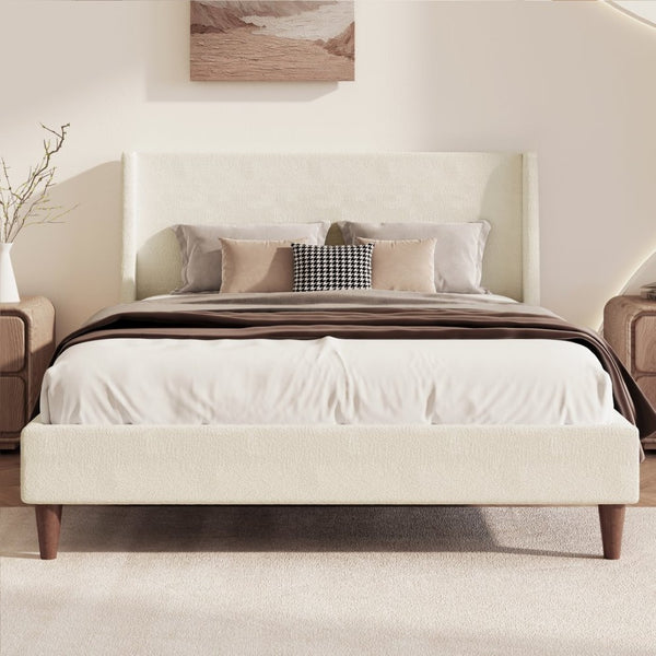 English Elm Modern Ivory Boucle Wingback Queen Bed with Walnut Legs for a Sculptural Bedroom BS701P409389B
