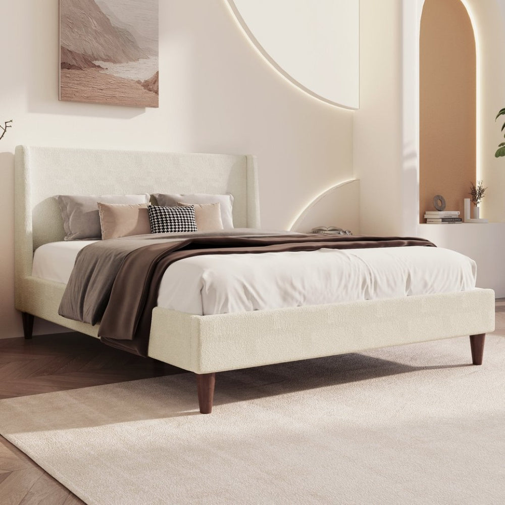 English Elm Modern Ivory Boucle Wingback Queen Bed with Walnut Legs for a Sculptural Bedroom BS701P409389B