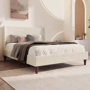 English Elm Modern Ivory Boucle Wingback Queen Bed with Walnut Legs for a Sculptural Bedroom BS701P409389B