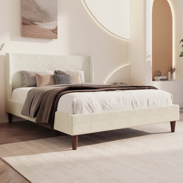English Elm Modern Ivory Boucle Wingback Queen Bed with Walnut Legs for a Sculptural Bedroom BS701P409389B
