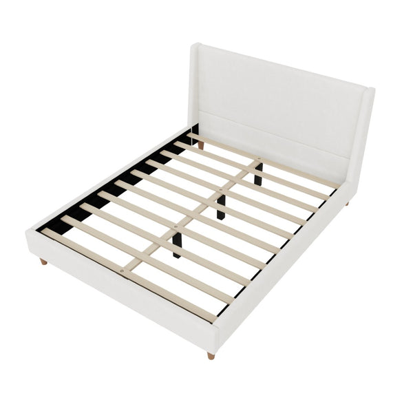 English Elm Modern Ivory Boucle Wingback Queen Bed with Walnut Legs for a Sculptural Bedroom BS701P409389B