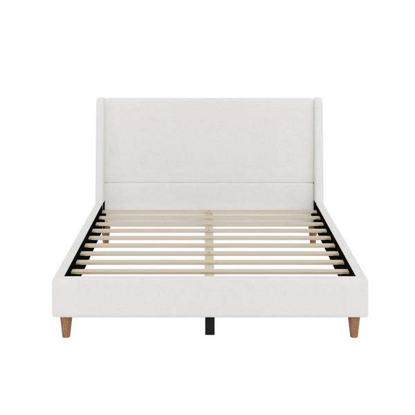 English Elm Modern Ivory Boucle Wingback Queen Bed with Walnut Legs for a Sculptural Bedroom BS701P409389B