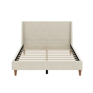 English Elm Modern Wingback Queen Bed Beige Velvet Upholstered Frame with Walnut Finish Legs BS701P409389C