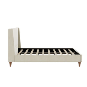 English Elm Modern Wingback Queen Bed Beige Velvet Upholstered Frame with Walnut Finish Legs BS701P409389C