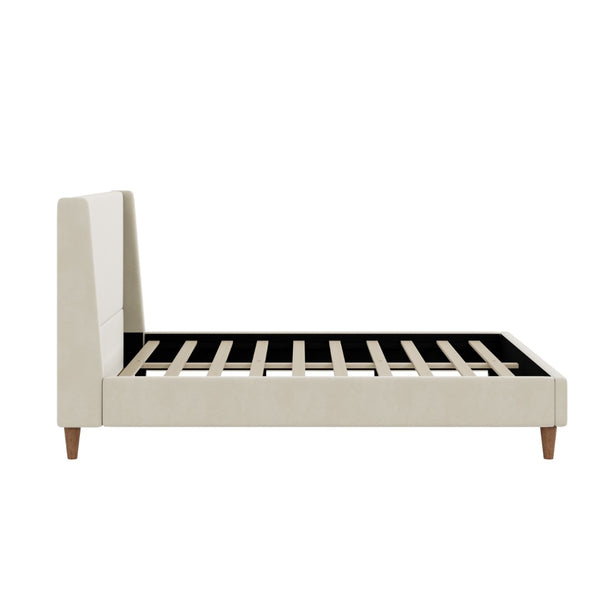 English Elm Modern Wingback Queen Bed Beige Velvet Upholstered Frame with Walnut Finish Legs BS701P409389C
