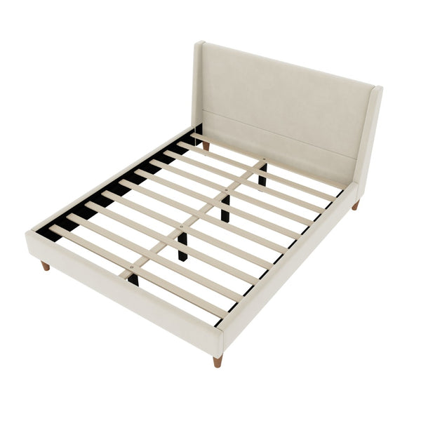 English Elm Modern Wingback Queen Bed Beige Velvet Upholstered Frame with Walnut Finish Legs BS701P409389C