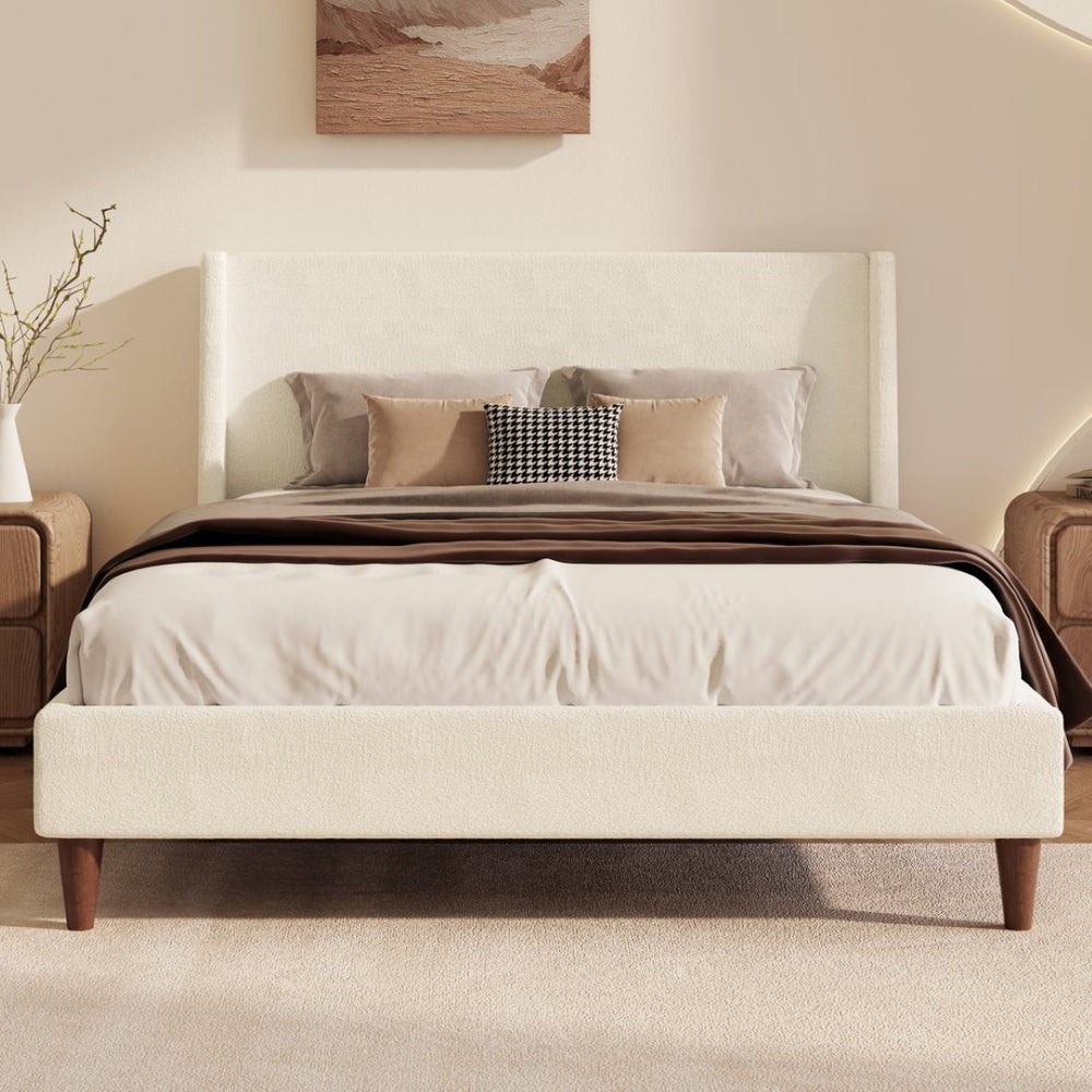 English Elm Modern Boucle Queen Bed Wingback Upholstered Frame with Tapered Walnut Legs Bedroom BS701P409389K