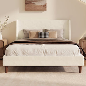 English Elm Modern Boucle Queen Bed Wingback Upholstered Frame with Tapered Walnut Legs Bedroom BS701P409389K