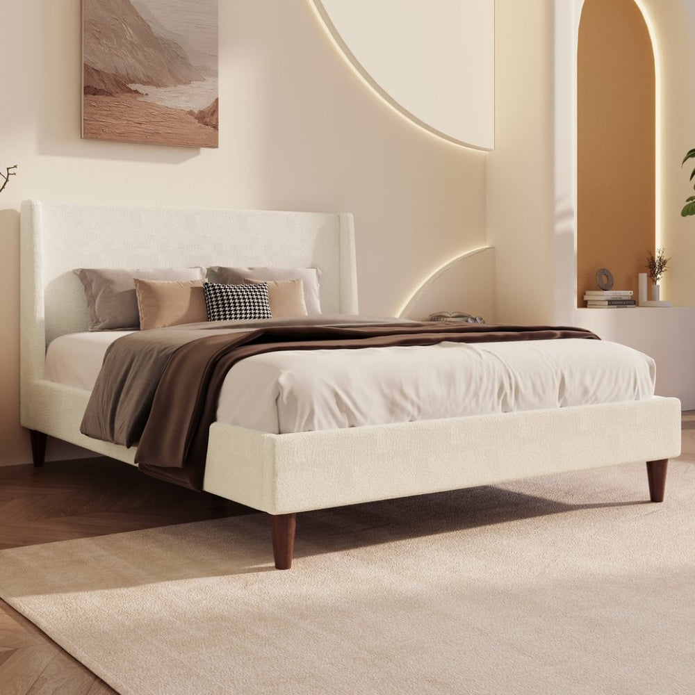 English Elm Modern Boucle Queen Bed Wingback Upholstered Frame with Tapered Walnut Legs Bedroom BS701P409389K