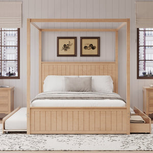English Elm Modern Queen Canopy Bed Solid Pine Frame with Trundle and Three Storage Drawers BS701P415226N