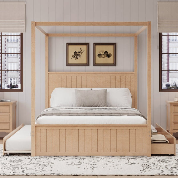 English Elm Modern Queen Canopy Bed Solid Pine Frame with Trundle and Three Storage Drawers BS701P415226N