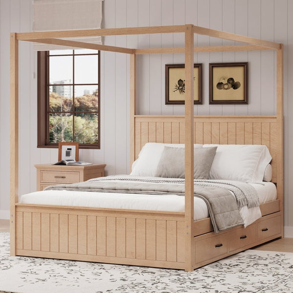 English Elm Modern Queen Canopy Bed Solid Pine Frame with Trundle and Three Storage Drawers BS701P415226N