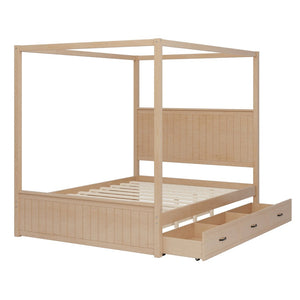 English Elm Modern Queen Canopy Bed Solid Pine Frame with Trundle and Three Storage Drawers BS701P415226N