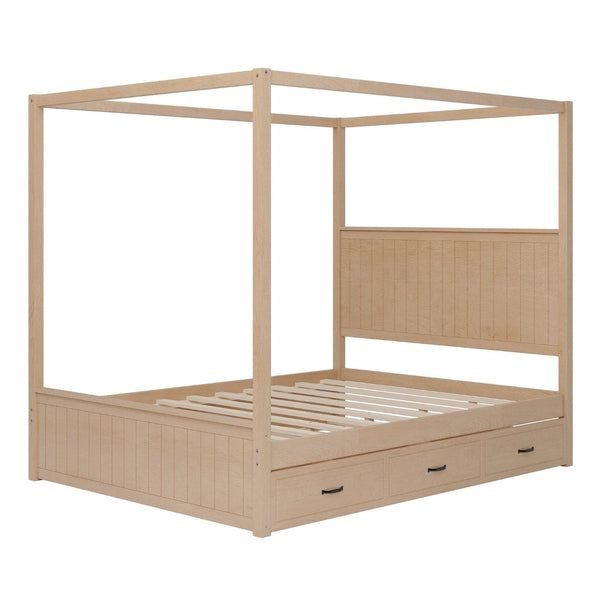 English Elm Modern Queen Canopy Bed Solid Pine Frame with Trundle and Three Storage Drawers BS701P415226N