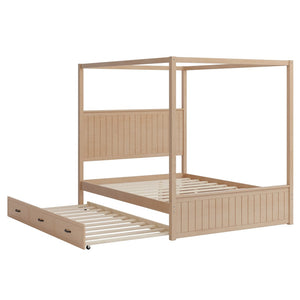 English Elm Modern Queen Canopy Bed Solid Pine Frame with Trundle and Three Storage Drawers BS701P415226N