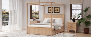 English Elm Modern Queen Canopy Bed Solid Pine Frame with Trundle and Three Storage Drawers BS701P415226N