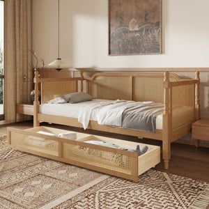 English Elm Traditional Rattan Headboard Twin Daybed with Storage Drawers Pine Frame Guest Room BS701P415472D