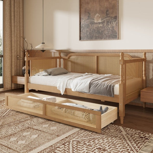 English Elm Traditional Rattan Headboard Twin Daybed with Storage Drawers Pine Frame Guest Room BS701P415472D
