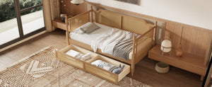 English Elm Traditional Rattan Headboard Twin Daybed with Storage Drawers Pine Frame Guest Room BS701P415472D