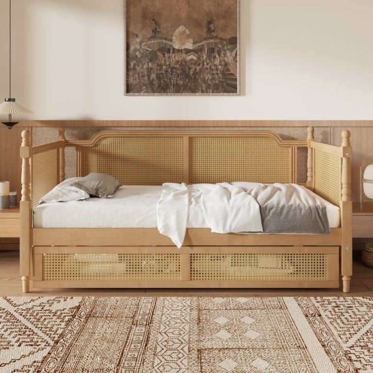 English Elm Traditional Rattan Headboard Twin Daybed with Storage Drawers Pine Frame Guest Room BS701P415472D