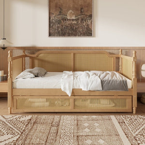 English Elm Traditional Rattan Headboard Twin Daybed with Storage Drawers Pine Frame Guest Room BS701P415472D
