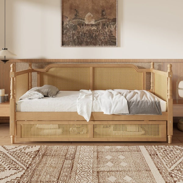 English Elm Traditional Rattan Headboard Twin Daybed with Storage Drawers Pine Frame Guest Room BS701P415472D