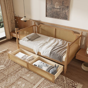 English Elm Traditional Rattan Headboard Twin Daybed with Storage Drawers Pine Frame Guest Room BS701P415472D