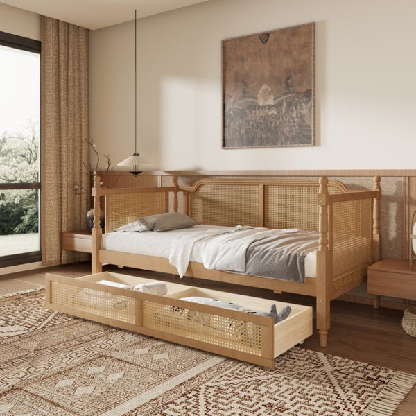 English Elm Traditional Rattan Headboard Twin Daybed with Storage Drawers Pine Frame Guest Room BS701P415472D