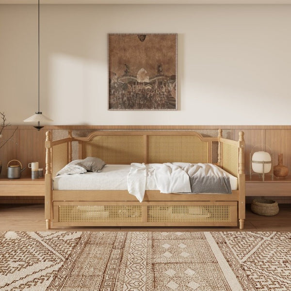 English Elm Traditional Rattan Headboard Twin Daybed with Storage Drawers Pine Frame Guest Room BS701P415472D